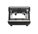 Black and silver espresso machine on a white background