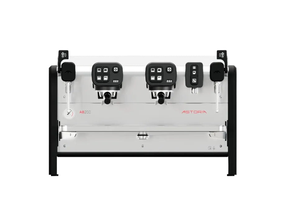 Astoria AB200 2 group commercial espresso machine with stainless steel body and black group heads