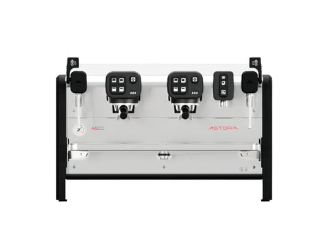 Astoria AB200 2 group commercial espresso machine with stainless steel body and black group heads