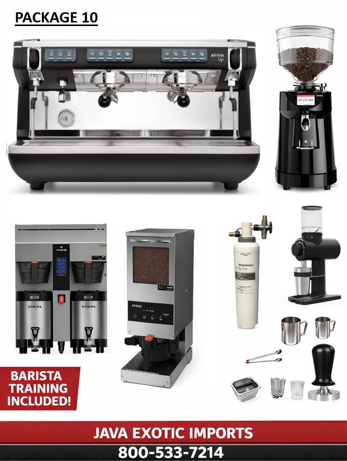 Simonelli Coffee machine package with espresso machine, grinder, and other coffee-making equipment on a white background.