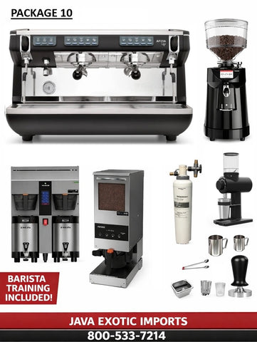 Simonelli Coffee machine package with espresso machine, grinder, and other coffee-making equipment on a white background.