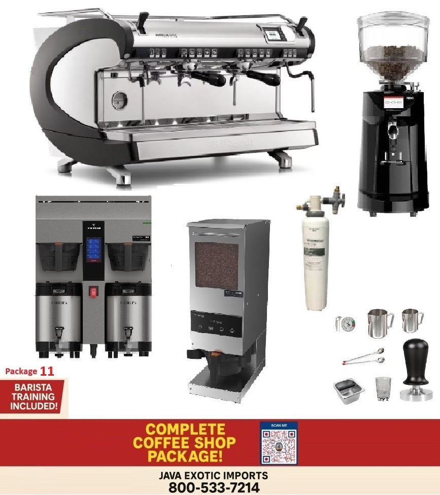 Nuova Simonelli Aurelia Wave 2-group commercial espresso machine complete coffee shop package with grinder, brewer, water softener and barista training.