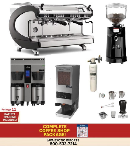 Nuova Simonelli Aurelia Wave 2-group commercial espresso machine complete coffee shop package with grinder, brewer, water softener and barista training.