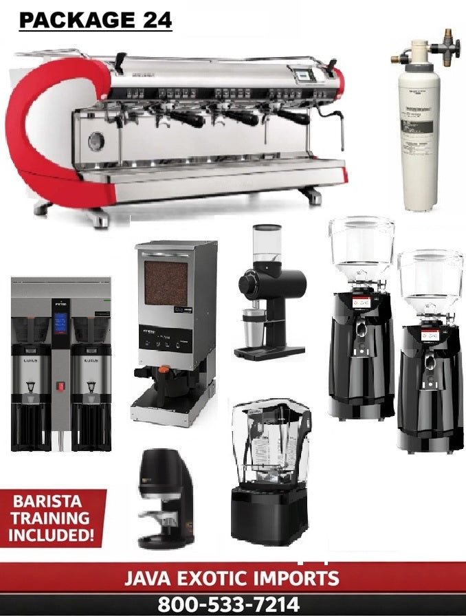 Simonelli Coffee Shop Package Collection of coffee-making equipment with a red banner and contact information on a white background.