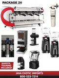 Simonelli Coffee Shop Package Collection of coffee-making equipment with a red banner and contact information on a white background.