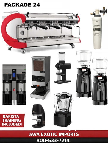 Simonelli Coffee Shop Package Collection of coffee-making equipment with a red banner and contact information on a white background.
