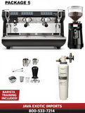 Simonelli Coffee machine and grinder with accessories on a white background, featuring Java Exotic Imports branding.
