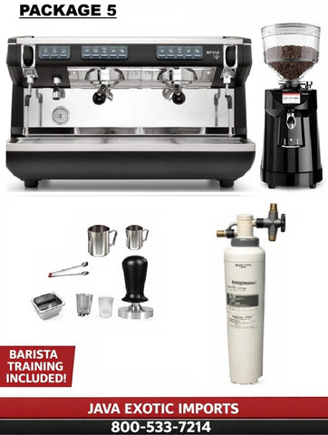 Simonelli Coffee machine and grinder with accessories on a white background, featuring Java Exotic Imports branding.
