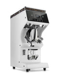 White coffee grinder with digital display on a white background