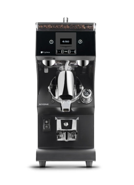 Victoria Arduino MyOne Clima Pro espresso grinder, black, front view with display