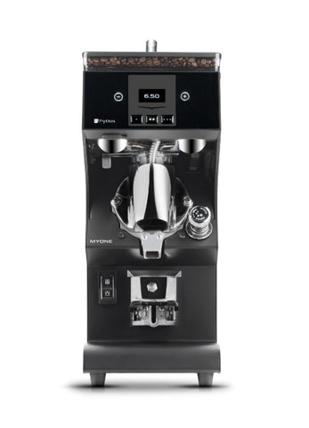 Simonelli MyOne Clima Pro espresso grinder, black, front view with display