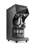 Black coffee grinder with digital display on a white background