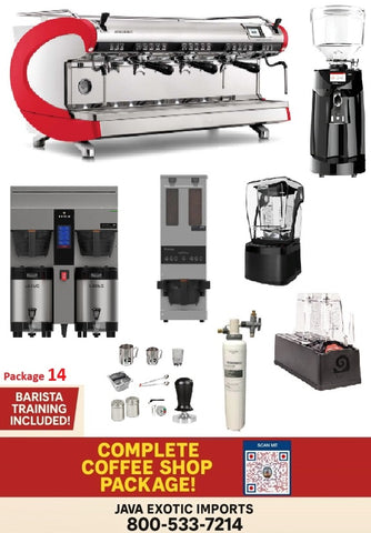 Simonelli Aurelia Wave 3-Group commercial espresso machine coffee shop package with grinder, brewer and blender